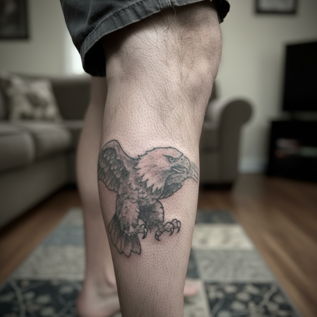 Old eagle tattoo on a calf faded to hazy pale grey with soft, mushy linework