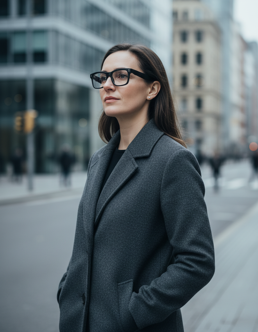 A woman on a modern city street wearing NEXVO One smart glasses, both hands in her coat pockets