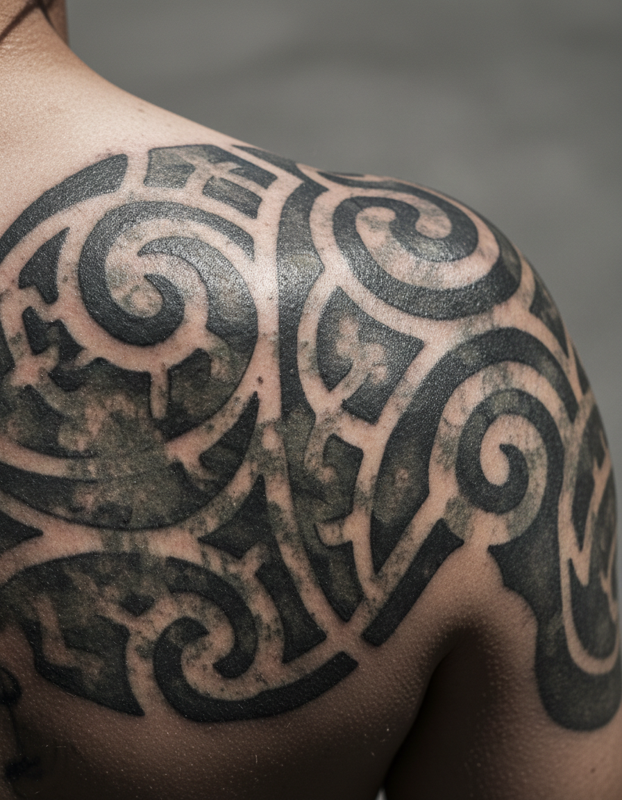 A large blackwork shoulder tattoo with solid areas that have aged into mottled, patchy grey
