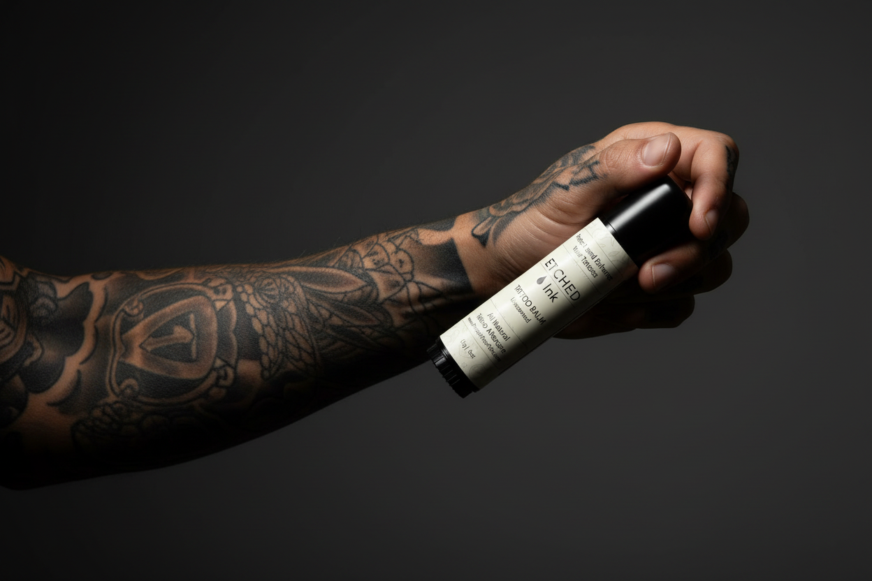 A heavily tattooed forearm applying the Etched Ink balm stick, lit from the side against a dark background