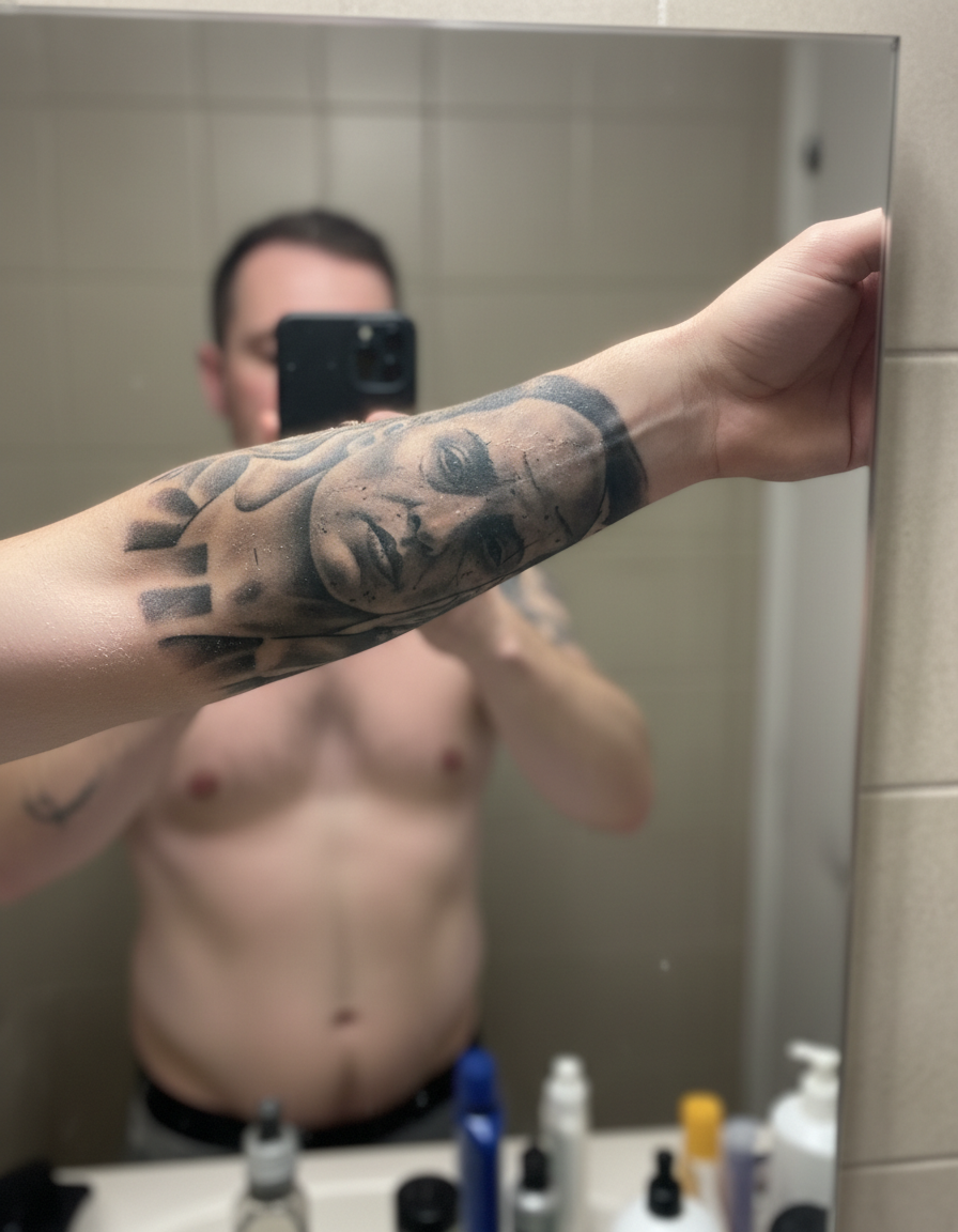 Close-up phone photo of a dull, greyish black-and-grey forearm sleeve tattoo in ordinary bathroom light
