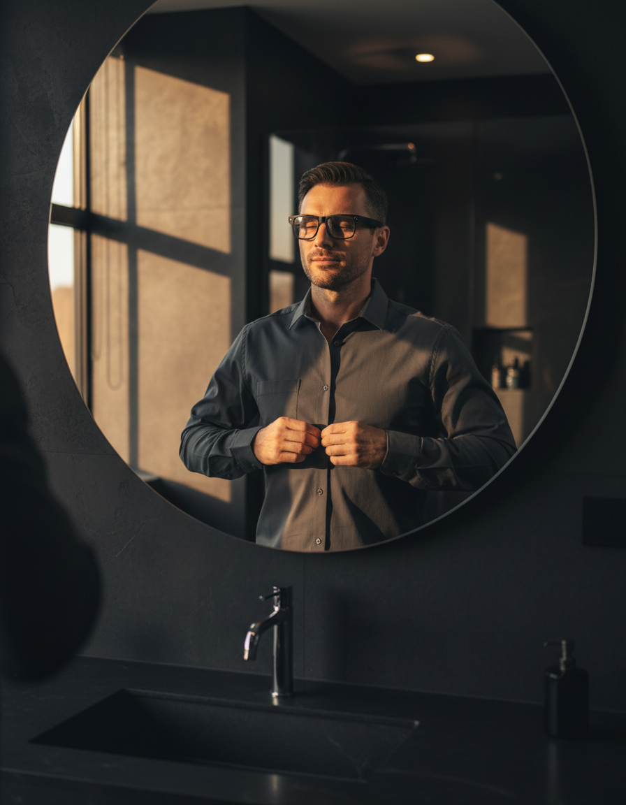 A man getting ready in the morning while wearing NEXVO One smart glasses