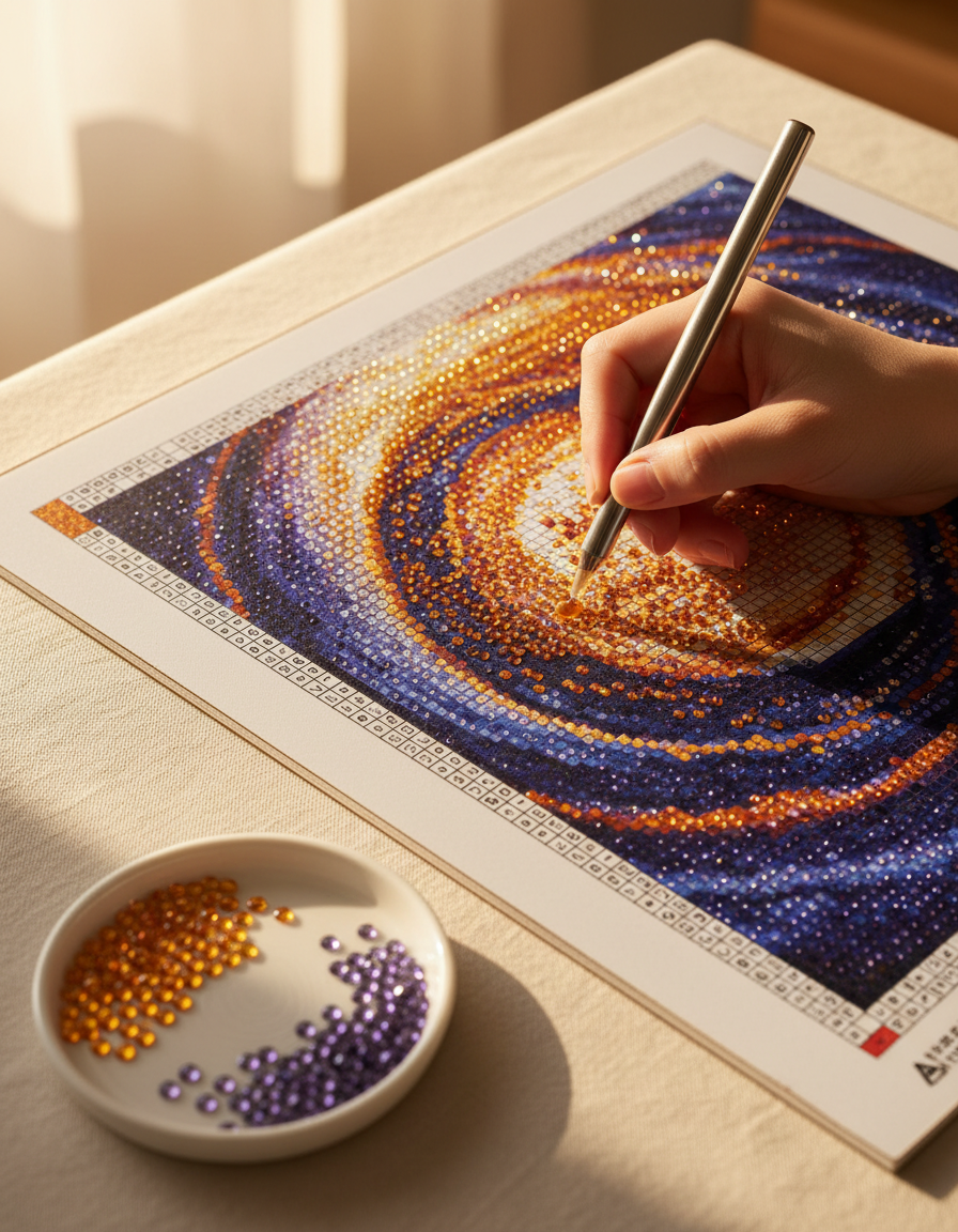 Hands placing a resin gem onto a diamond painting canvas with an applicator pen