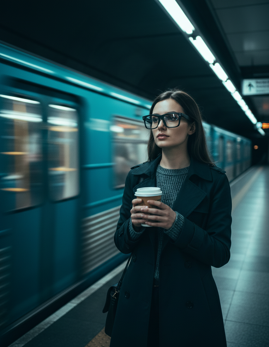 A woman on a metro platform wearing NEXVO One smart glasses, holding a coffee cup