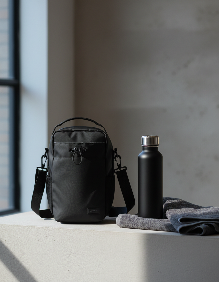 Magnetic Training Dock standing on a concrete ledge next to a folded towel and a steel bottle