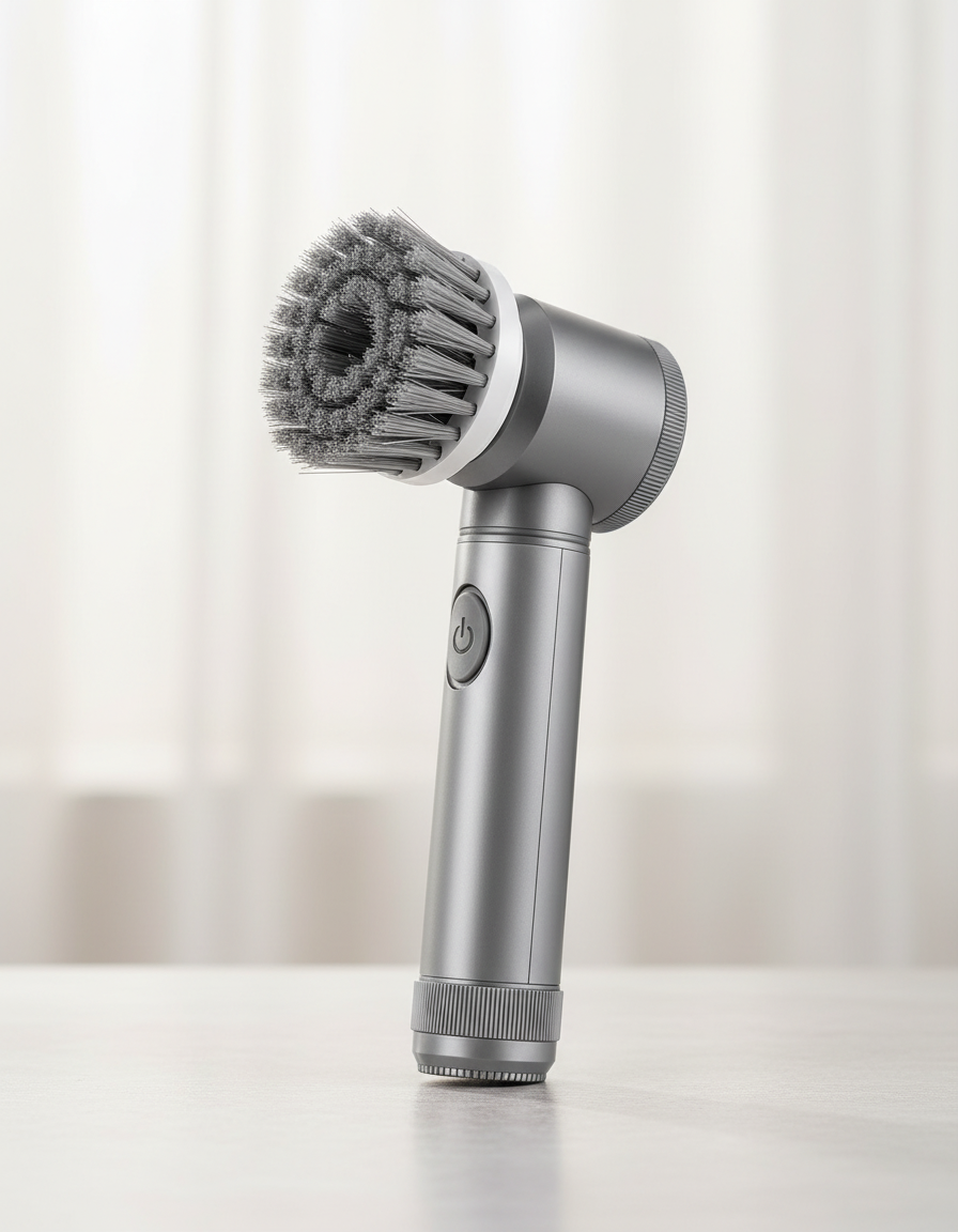 La brosse de nettoyage électrique sans fil, corps argenté et tête à poils gris