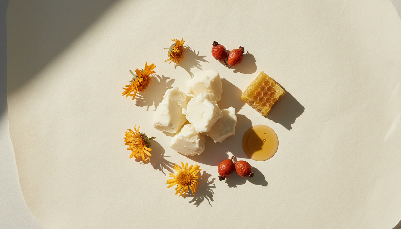 Shea butter, dried calendula, rosehips, beeswax and amber oil arranged on cream paper