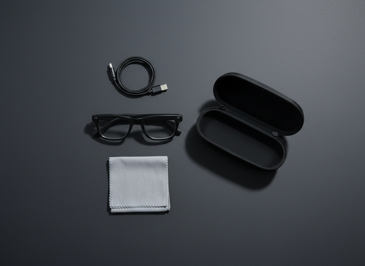 Everything included with NEXVO One laid out on a dark surface: the glasses, a zip carrying case, a charging cable and a microfiber cloth