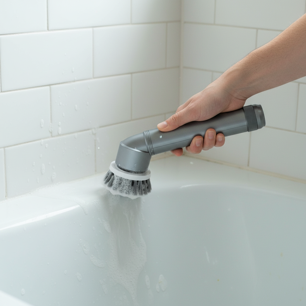 Main tenant la brosse rotative contre l'angle d'une baignoire blanche couverte de mousse