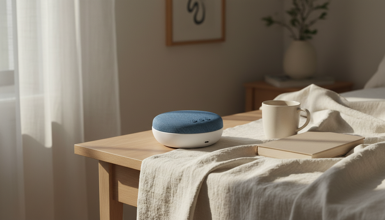 HaloPillow Speaker on a pale oak bedside table beside cream linen bedding