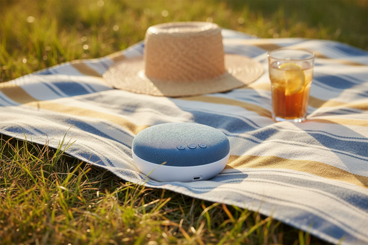 HaloPillow Speaker on a striped picnic blanket in sunlit grass