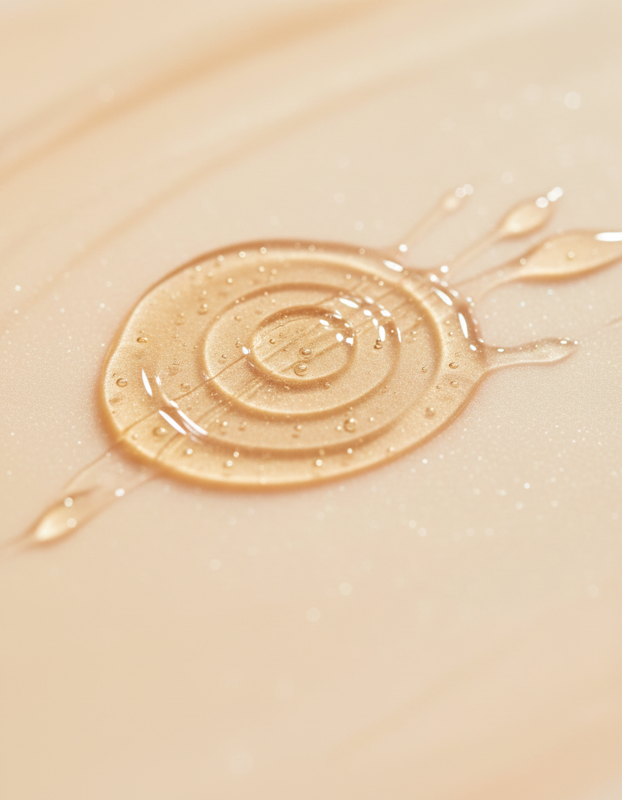 Luminous golden serum drop spreading on a warm surface
