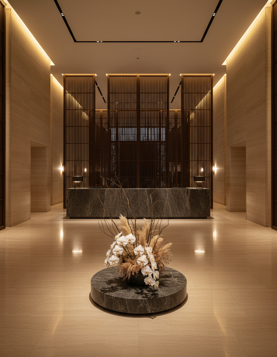 An empty luxury hotel lobby in the evening with travertine floors and warm pooled lighting
