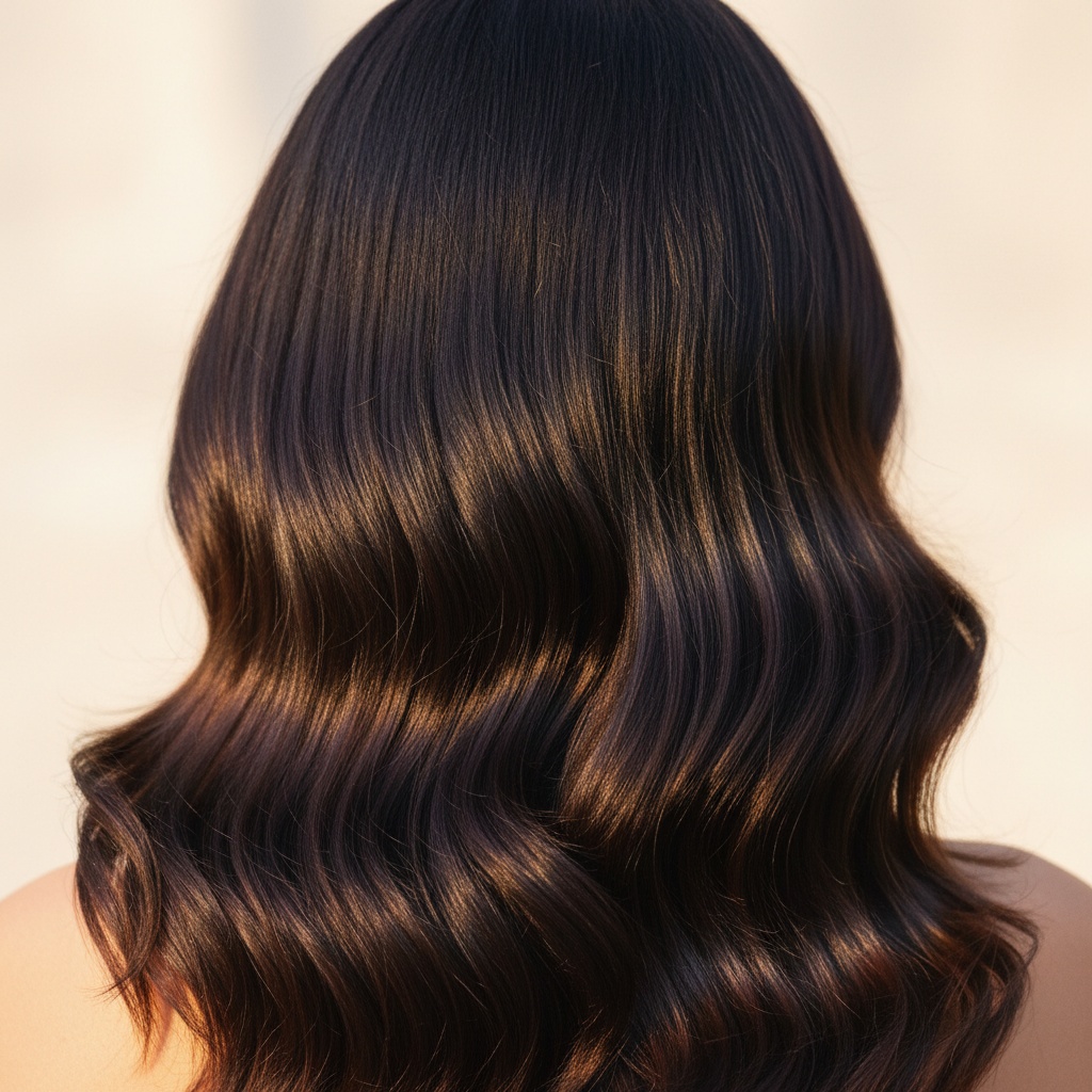 Glossy dark wavy hair catching warm sunlight
