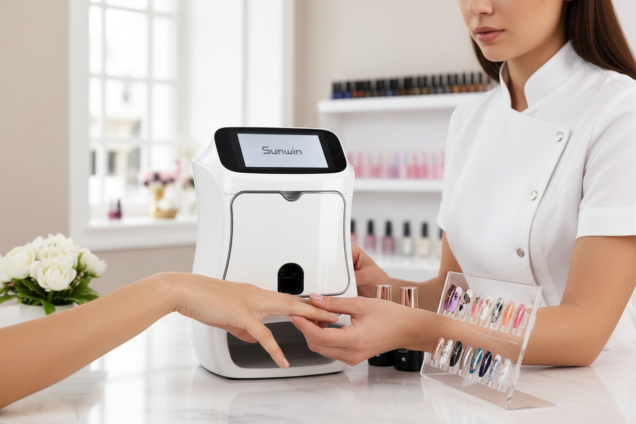 Nail technician guiding a client's finger into the NailPrint Pro machine at a salon table