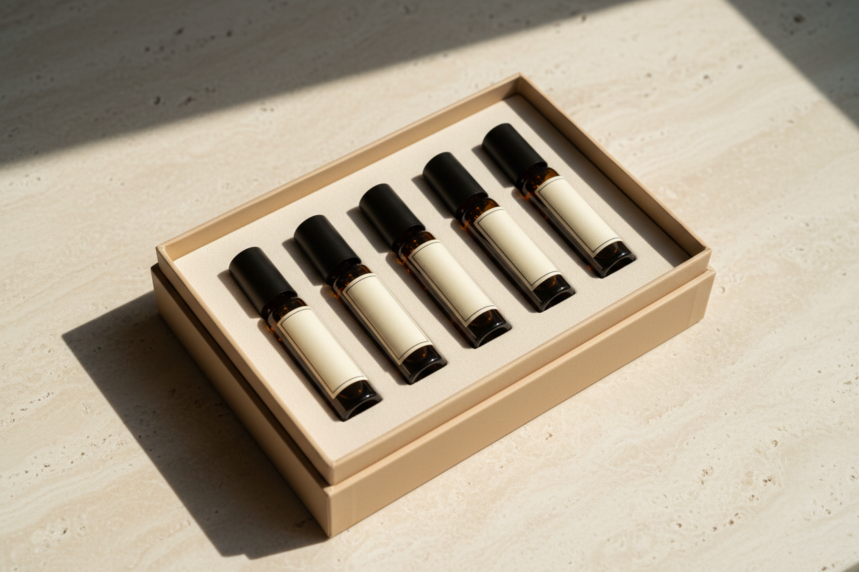 Five small dark amber glass sample vials arranged in a fitted matte beige presentation box