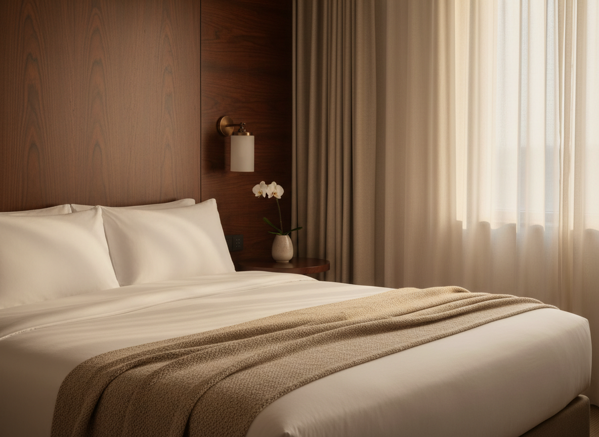 A hotel-style bed dressed in crisp white linen with layered throws and a single bedside sconce