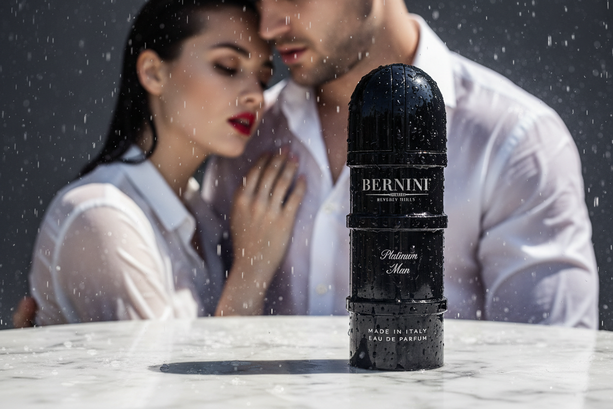 Bernini Platinum Man bottle in the rain with a couple embracing behind it