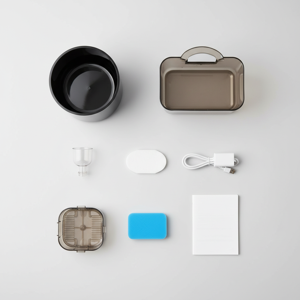 Every part of the fountain laid out in a neat grid on a light grey surface: black body, clear tank, spout piece, oval carbon filter, pump with coiled USB cable, ridged filter housing, blue foam pre-filter and the instruction booklet