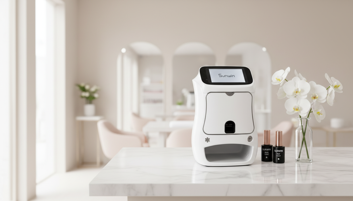 NailPrint Pro machine on a marble counter in a minimalist luxury nail salon