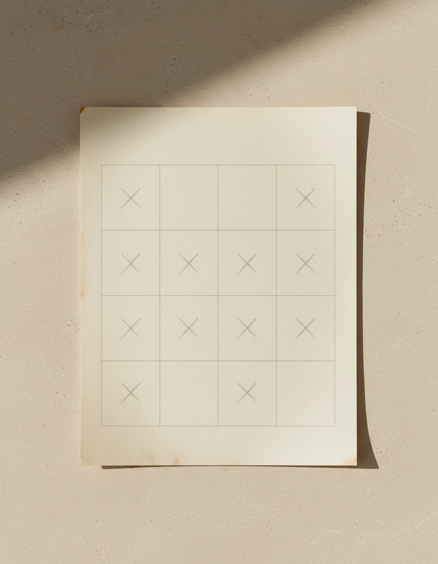 A worn paper calendar grid with faint pencil marks crossing out days that have already passed