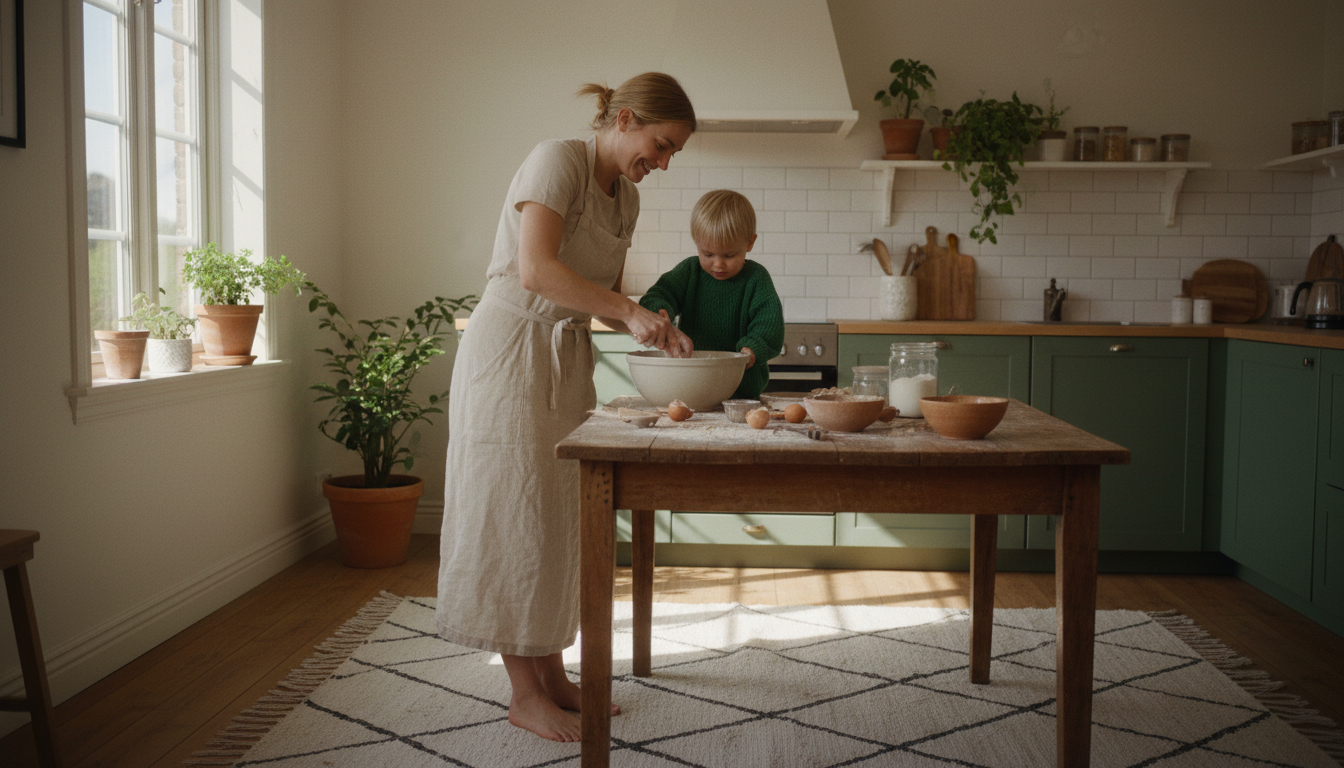 Parent and child preparing breakfast together in a sunlit kitchen