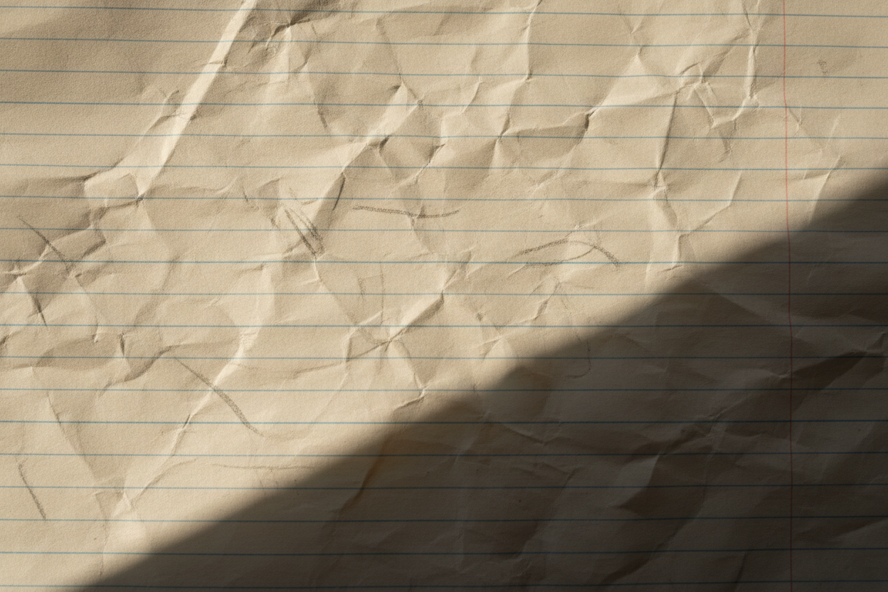 A crumpled sheet of ruled paper smoothed flat, lit from the side