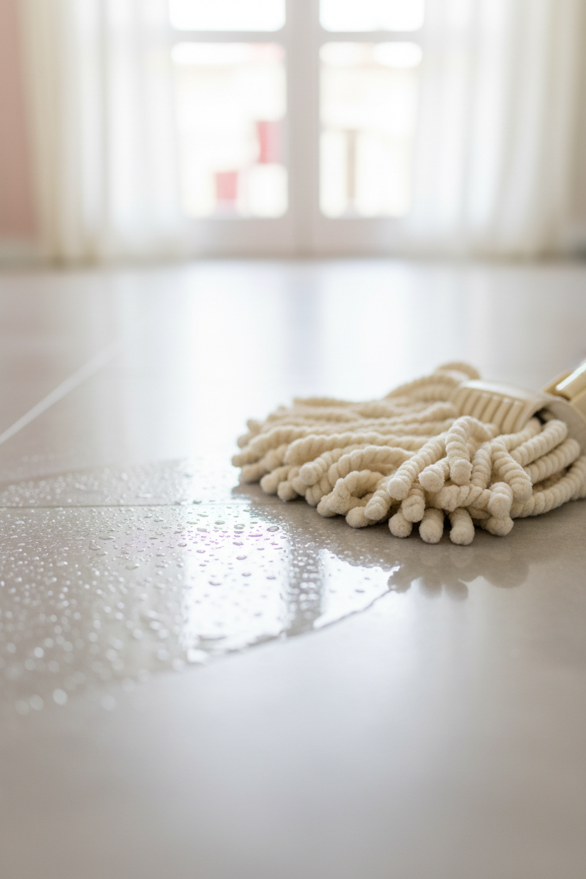 Mopa de microfibra pasando por un piso de porcelanato brillante