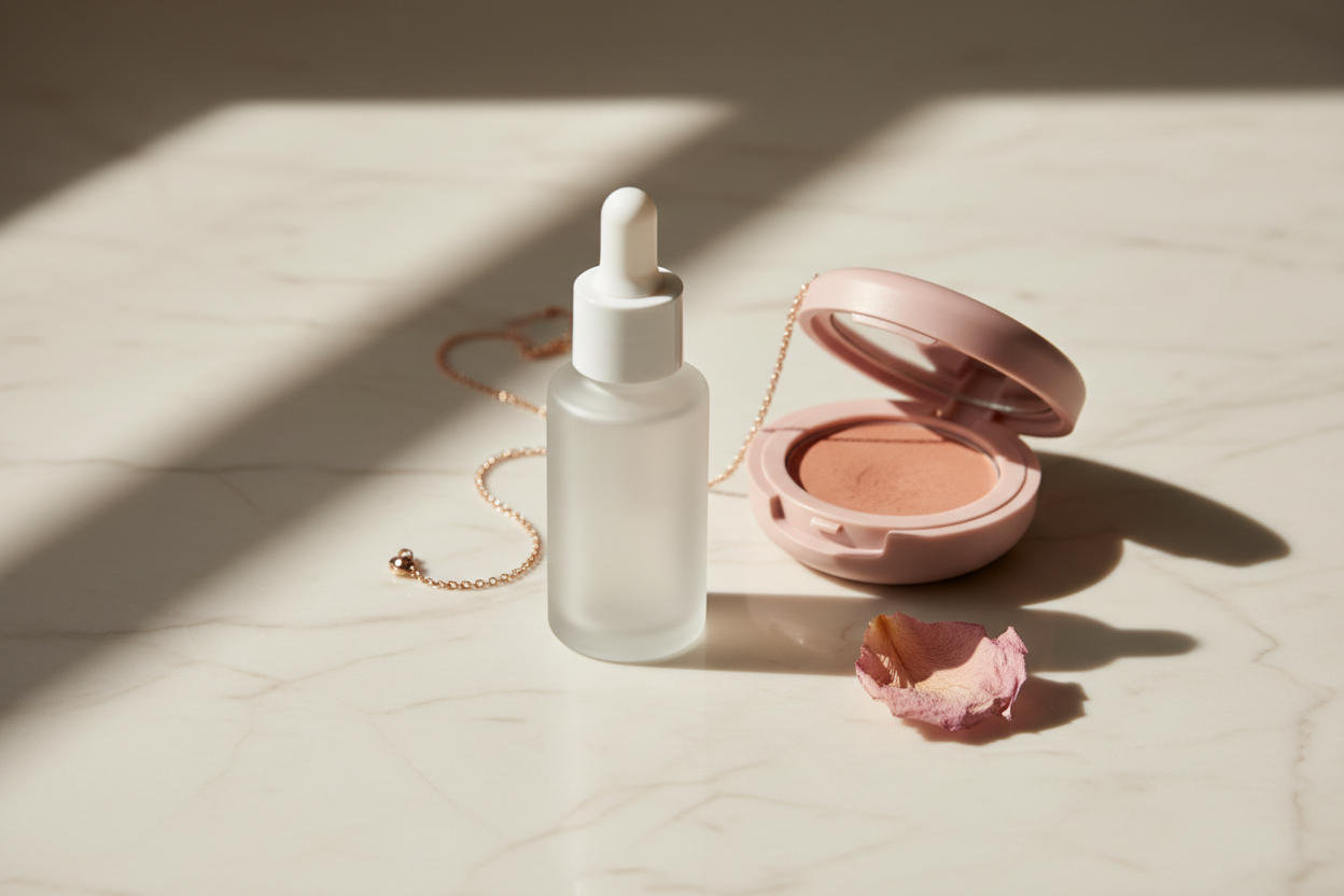 Frosted glass serum bottle, blush cream compact and a dried rose petal on cream marble