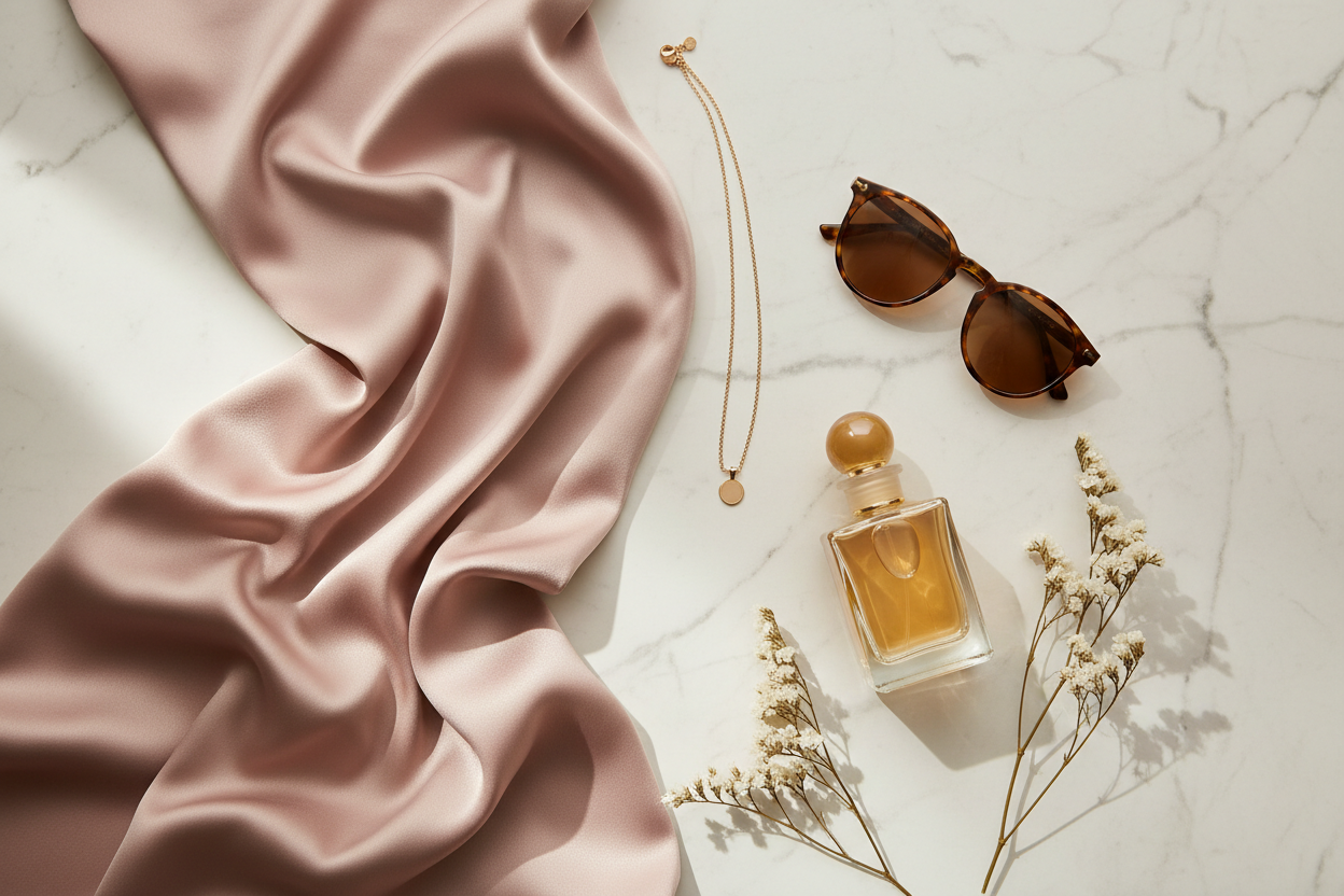 Flat lay of blush satin fabric, a gold chain necklace, sunglasses, perfume and dried flowers on cream marble