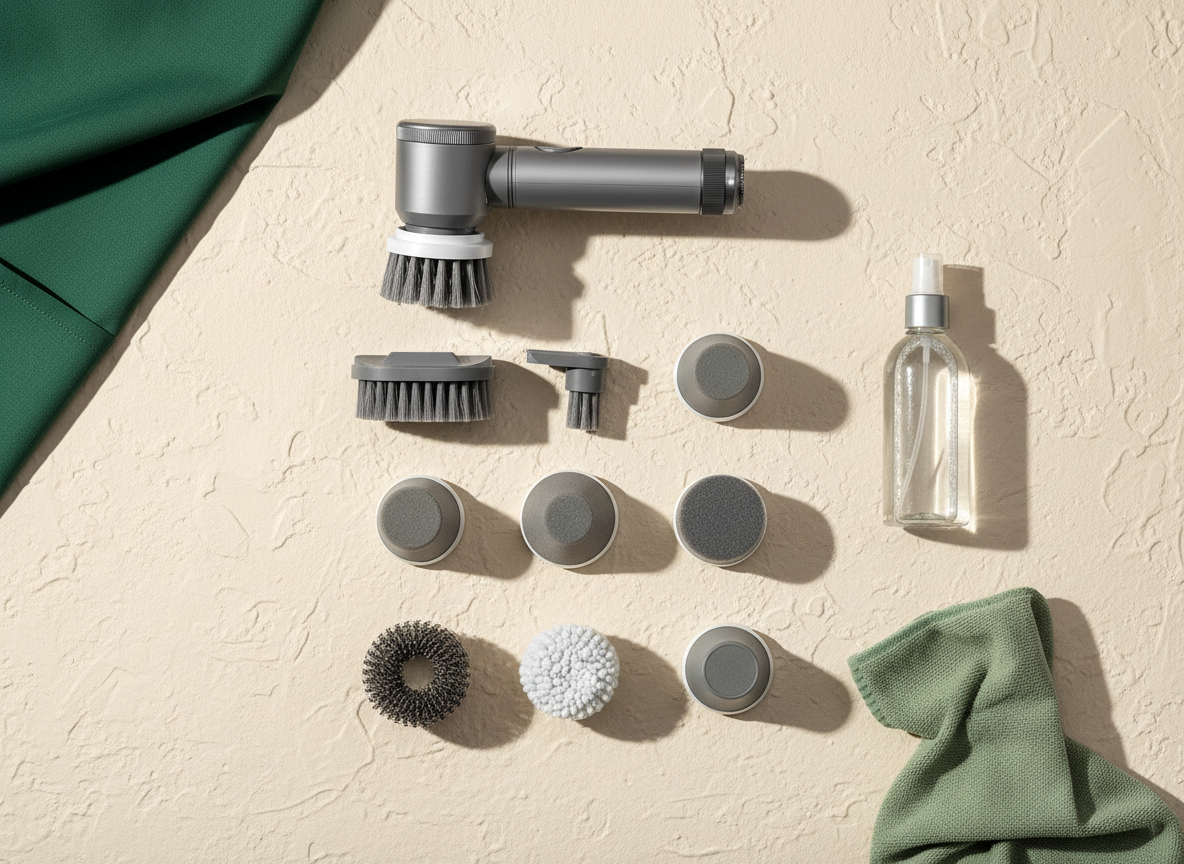 Brosse électrique sans fil, ses têtes interchangeables, un flacon pulvérisateur et un chiffon disposés à plat