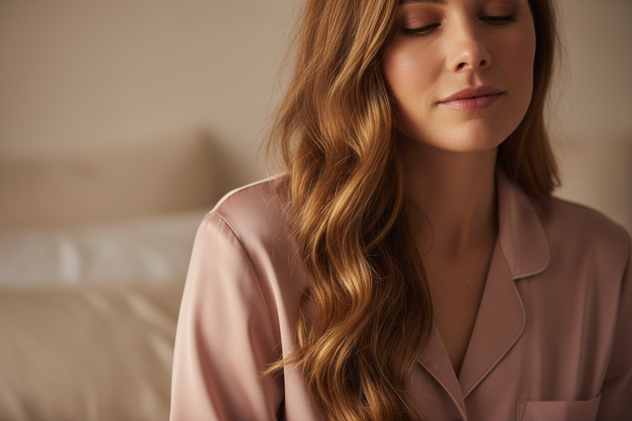 Woman in a blush pink silk satin pyjama shirt in soft morning light