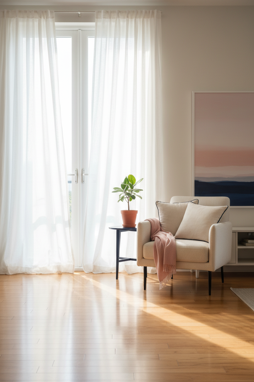 Living luminoso con cortinas al viento y piso reci&eacute;n limpio