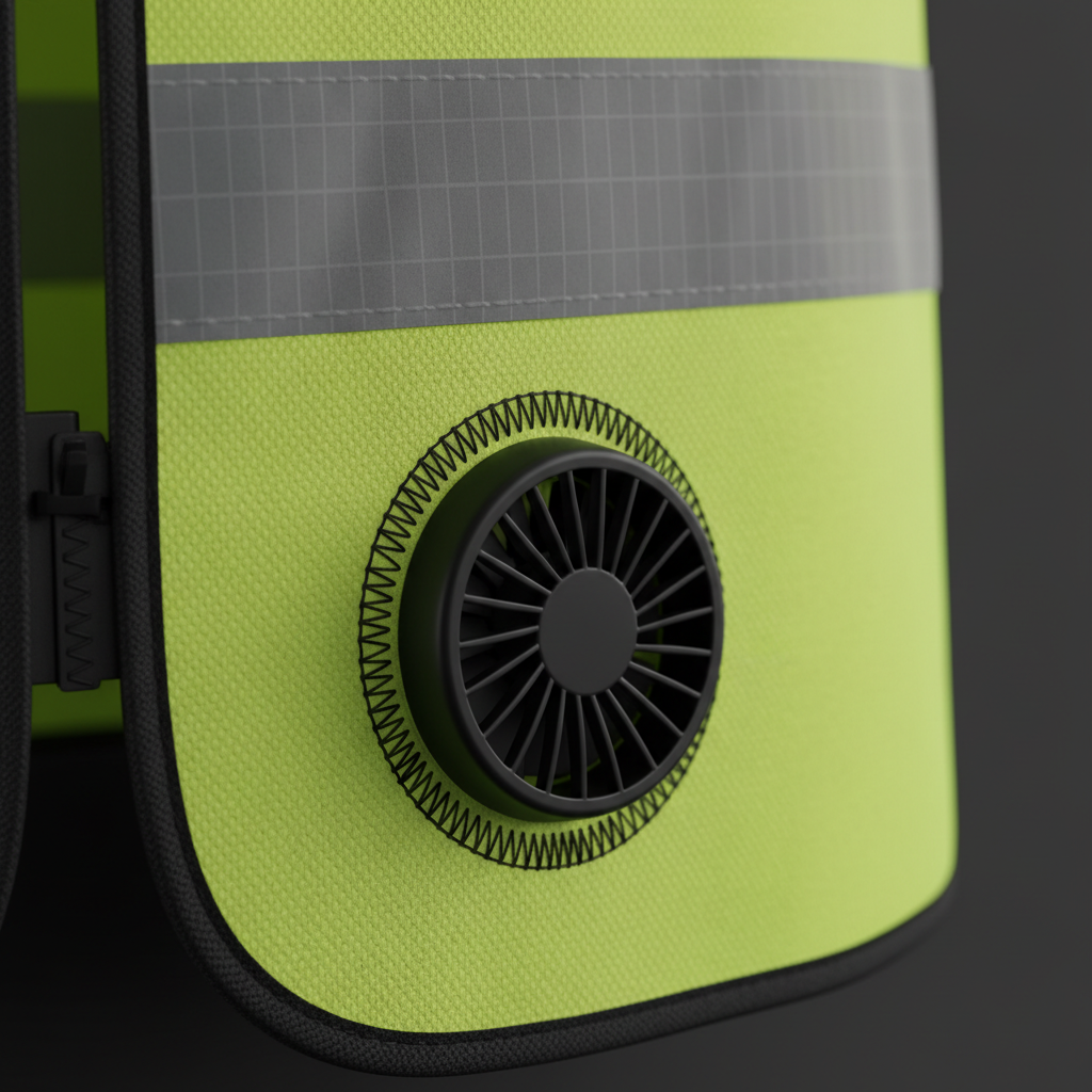 Close-up of a side-mounted fan module and the ripstop fabric around it