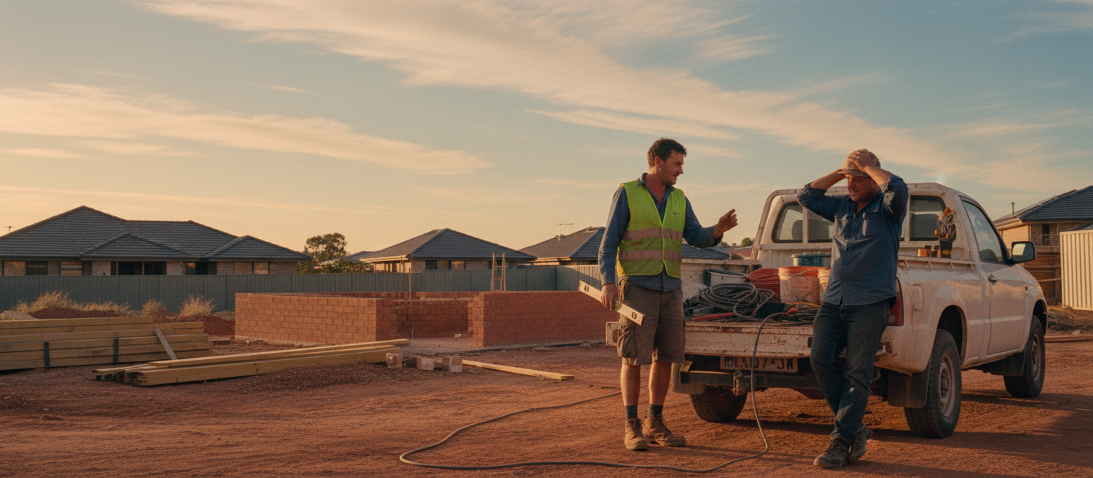 Two tradies at the back of a dusty ute on a building site in late afternoon light