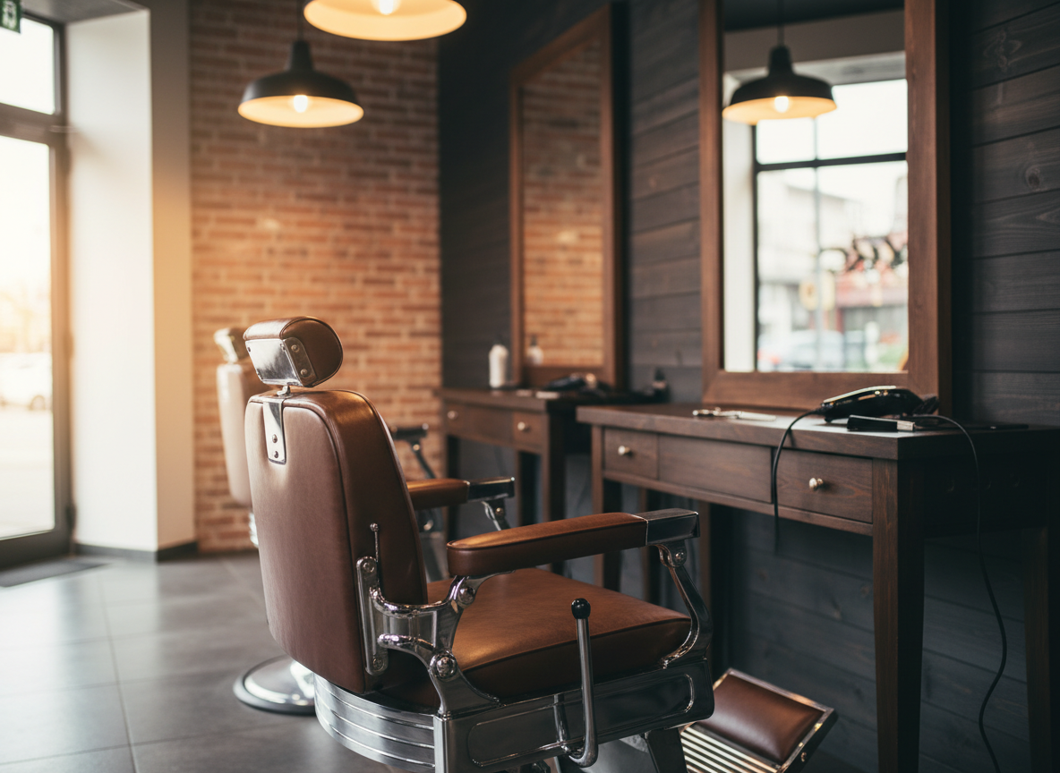 Barbershop interior with a leather barber chair, styling station and mirrors