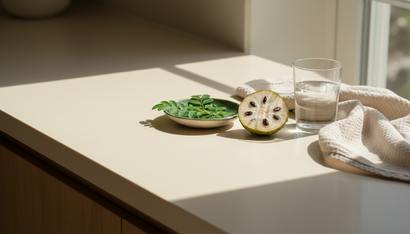 A morning wellness ritual laid out on a cream kitchen counter with a glass of water, linen cloth, fresh moringa leaves and a halved soursop fruit