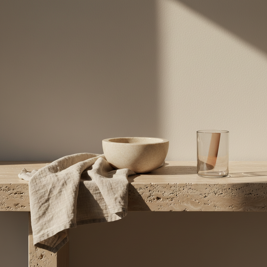 A travertine console in warm side light with folded linen, a stone bowl and a glass tumbler