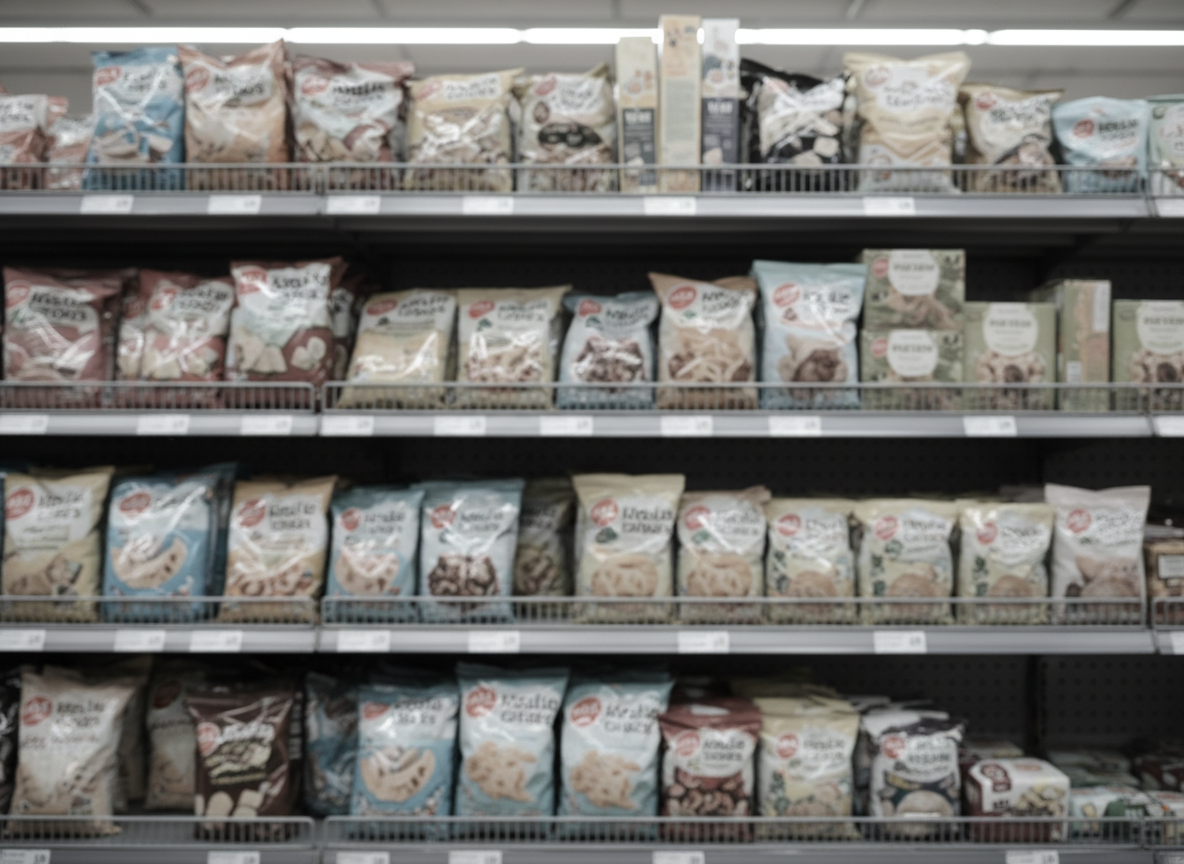 Blurred supermarket shelf packed with anonymous processed snack packets