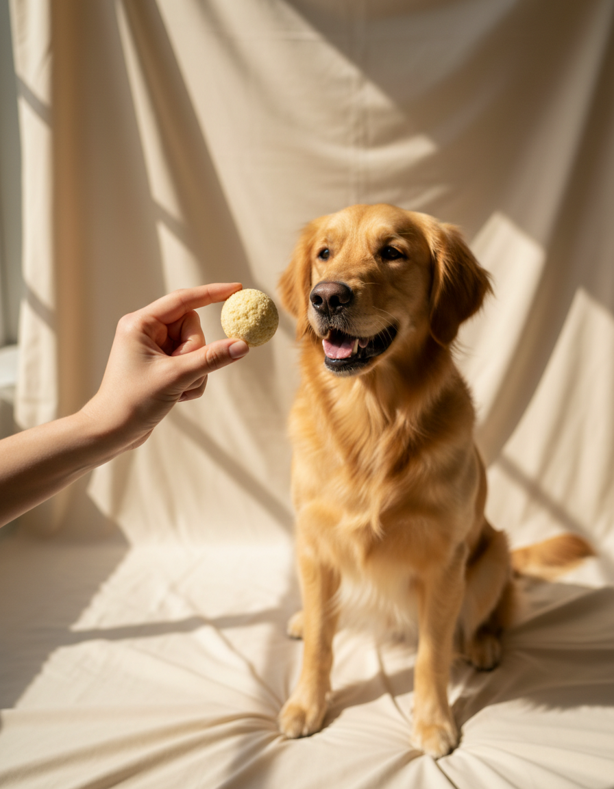 A golden retriever being offered a single freeze-dried quail egg yolk
