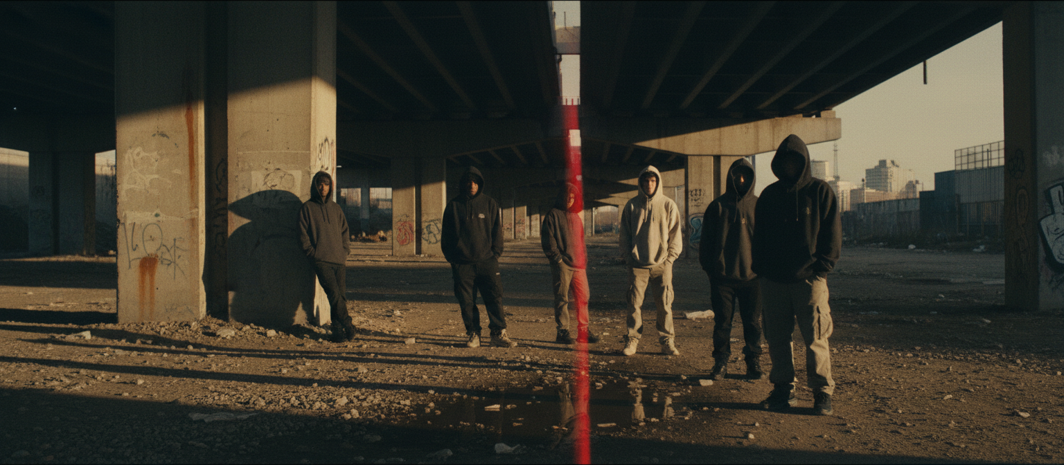 Silhouettes streetwear Kryze sous un pont urbain à la tombée du jour