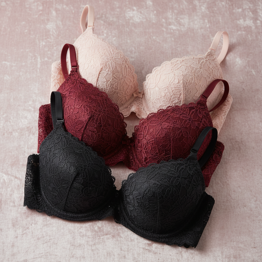 Three folded lace bras in blush, burgundy and black stacked on a pale pink surface