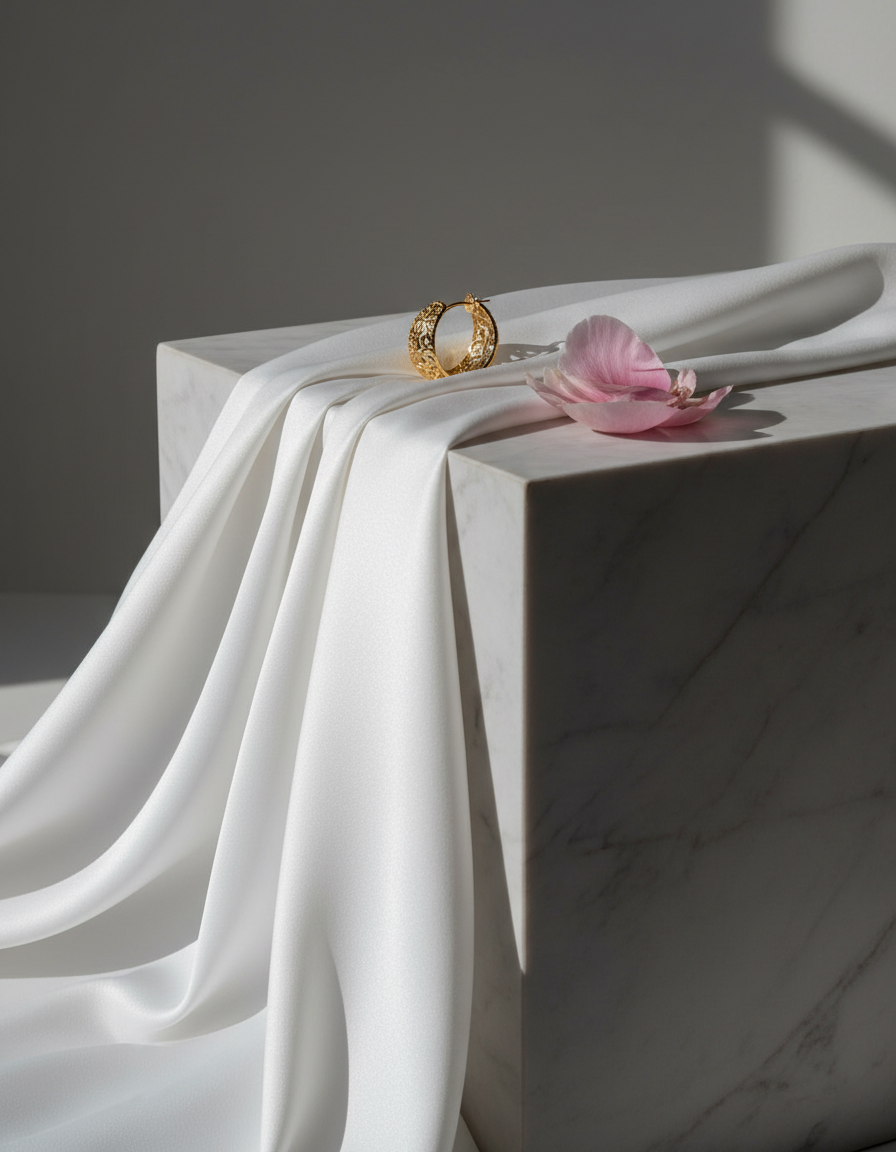 Draped white satin on marble with a gold earring and a blush petal