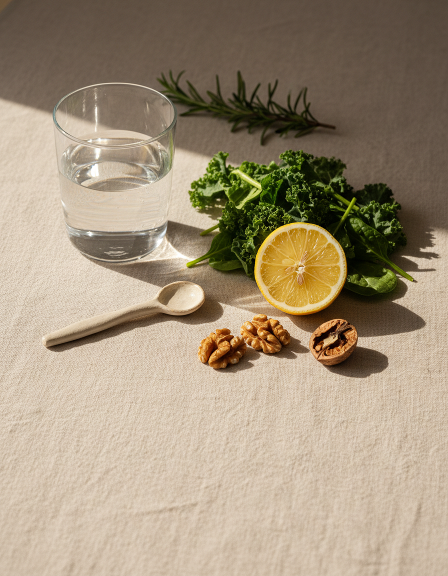 Morning still life with water, greens, lemon and walnuts on warm linen