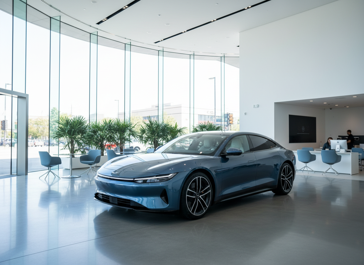 Modern car dealership showroom with a new car on the polished floor and a sales desk behind