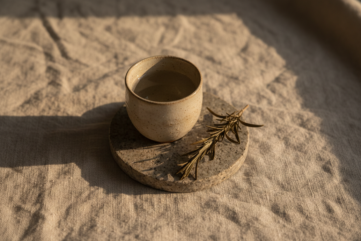 A ceramic cup of water, a sprig of dried herb and a stone coaster on rumpled linen
