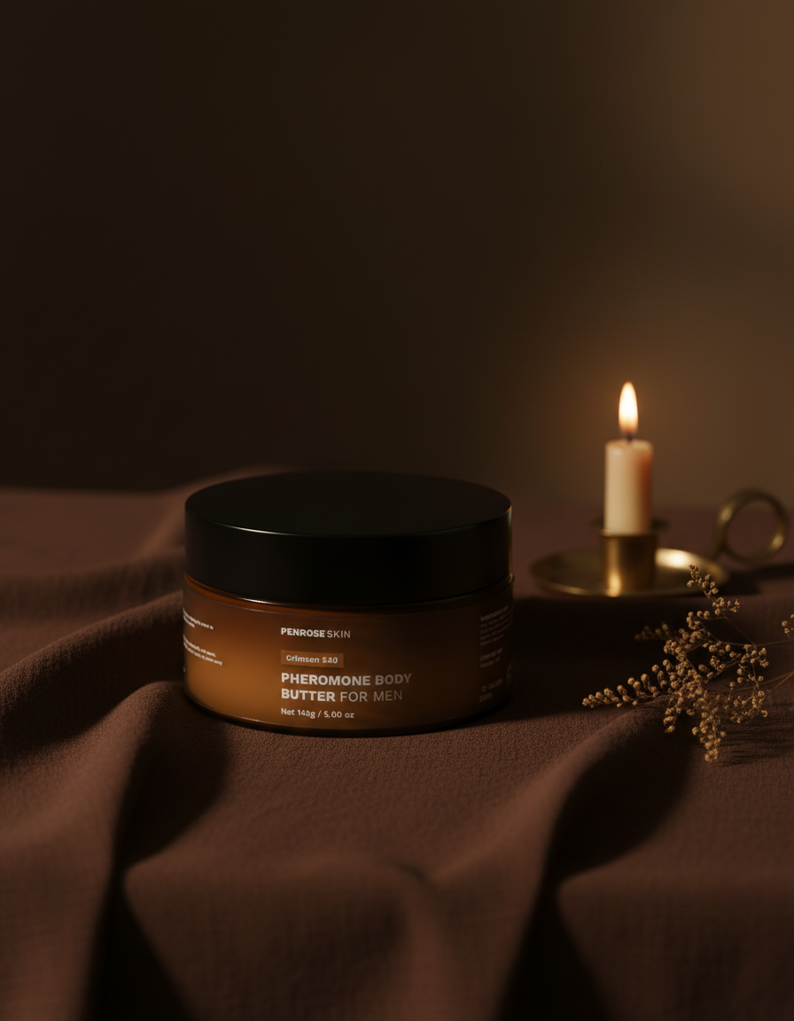 Penrose Skin body butter jar on dark linen beside a lit candle in warm candlelight