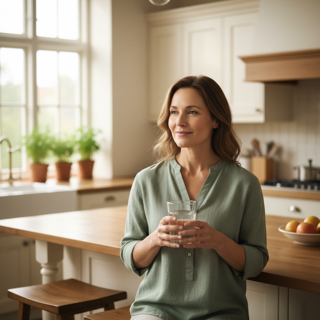 A woman in a sunlit kitchen holding a glass of water as part of her morning routine