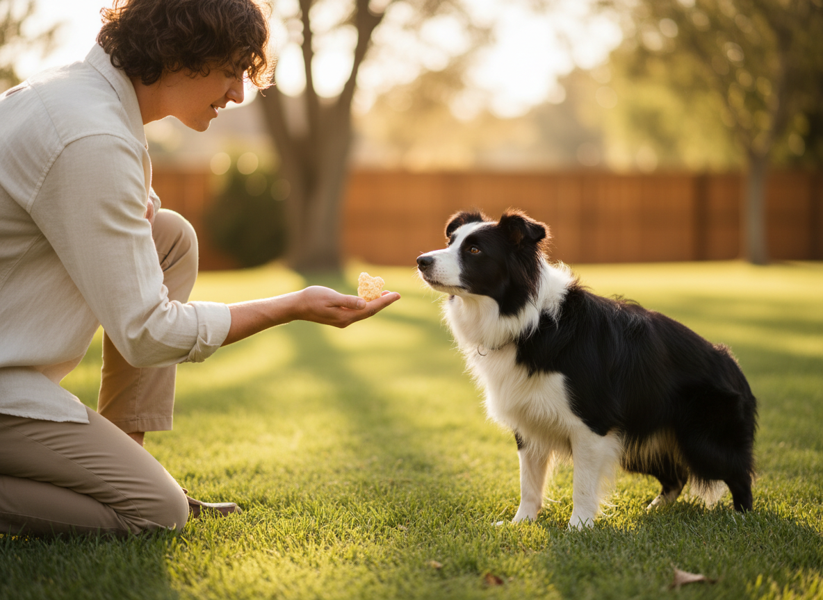 A border collie taking a freeze-dried quail egg yolk from an open hand outdoors
