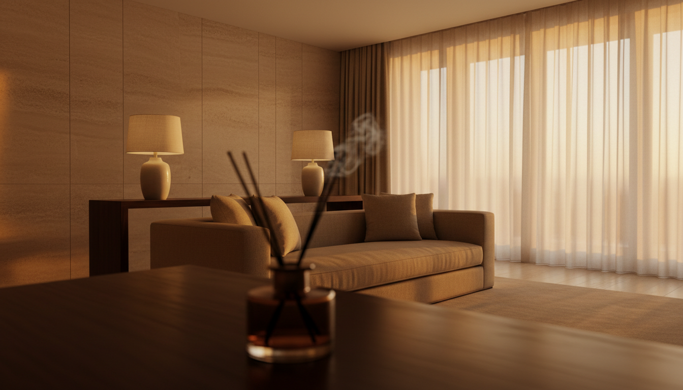 A five-star hotel-style living room at dusk with travertine walls, linen sofa and a dark amber glass diffuser on the console